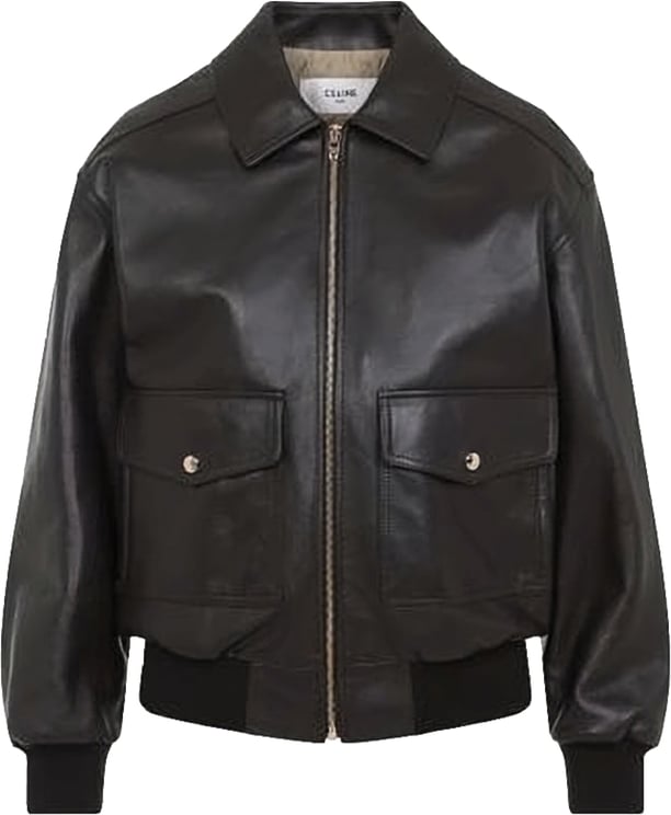 Celine Smooth Lambskin Leather Jacket with Classic Collar and Ribbed Finish