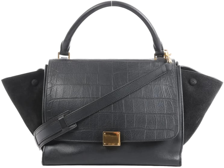 Celine CELINE Trapeze Croc Embossed Leather x Suede 2Way Handbag in Black