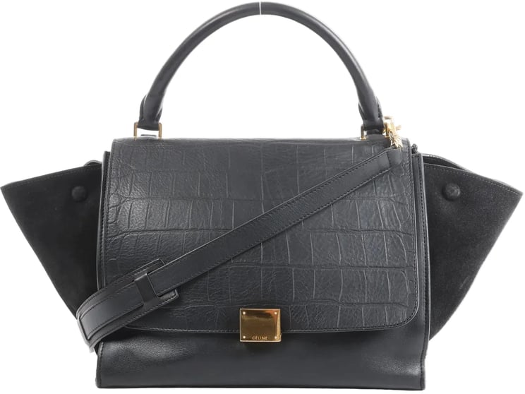 Celine CELINE Trapeze Croc Embossed Leather x Suede 2Way Handbag in Black