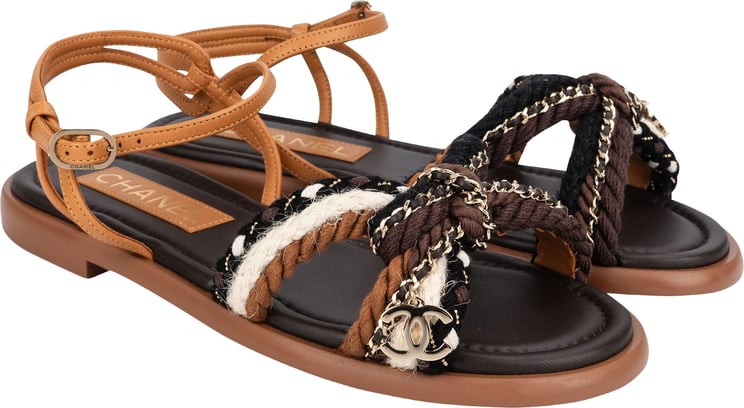 Chanel Chanel Multicolor Leather Tweed Braided Rope Chain CC Sandals (37)