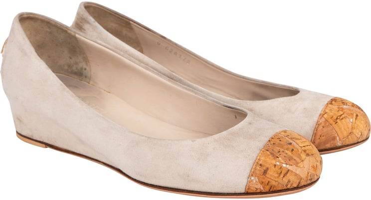 Chanel Chanel Beige Suede Cork Cap Toe Wedge Ballerina Flats (37)
