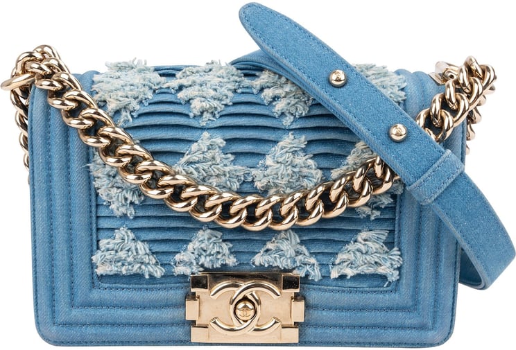 Chanel Chanel Denim Frayed Chevron Pleated Small Boy Crossbody Bag