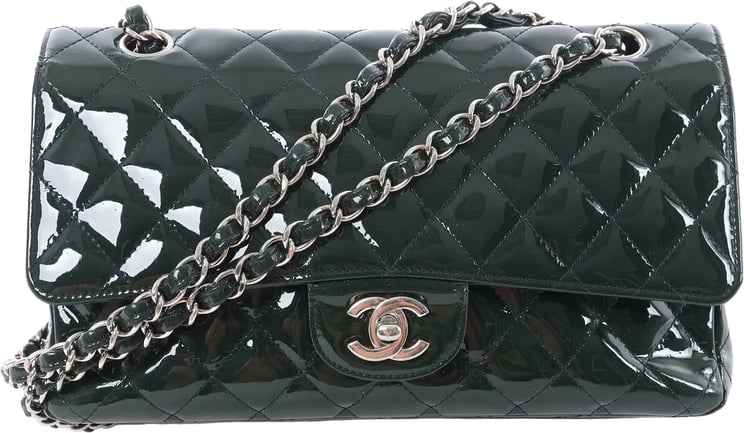 Chanel Chanel Classic Matelasse 25 Patent Leather Double Flap Double Chain Shoulder Bag in Green A01112