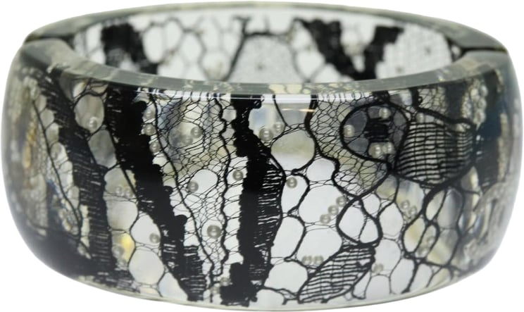 Chanel Chanel CC Hinged Bangle Bracelet Resin with Lace and Faux Pearls