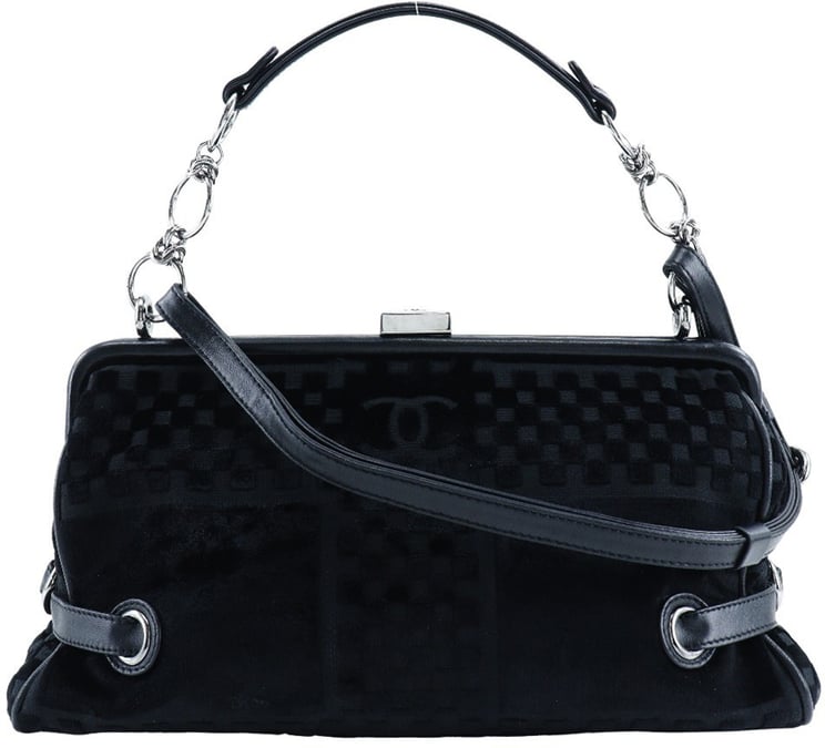 Chanel Chanel Vintage CC Side Belted Bowler Bag Check Embossed Velvet Medium