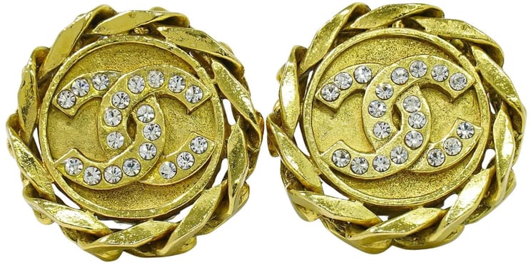 Chanel Chanel Vintage CC Round Clip-On Earrings Metal with Crystals