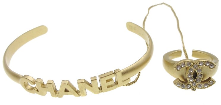 Chanel Chanel Logo Bangle with Chain Attached CC Ring Metal with Crystal