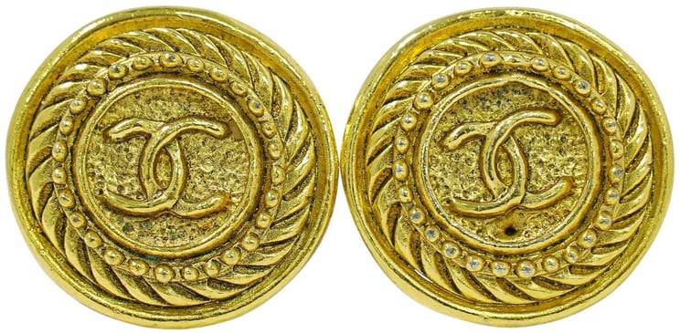Chanel Chanel Vintage CC Logo Round Clip on Earrings Textured Metal