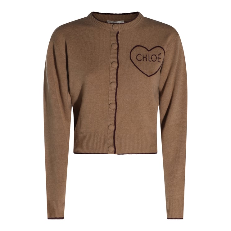 Chloé Brown Wool Knit Cardigan With Heart Logo And Button Detailing
