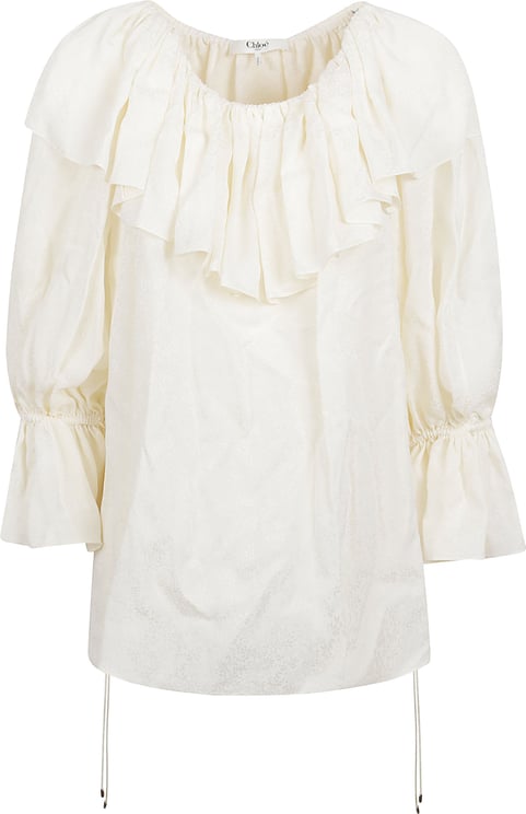Chloé Ornamental Jacquard Silk Blouse with Ruffled Neckline