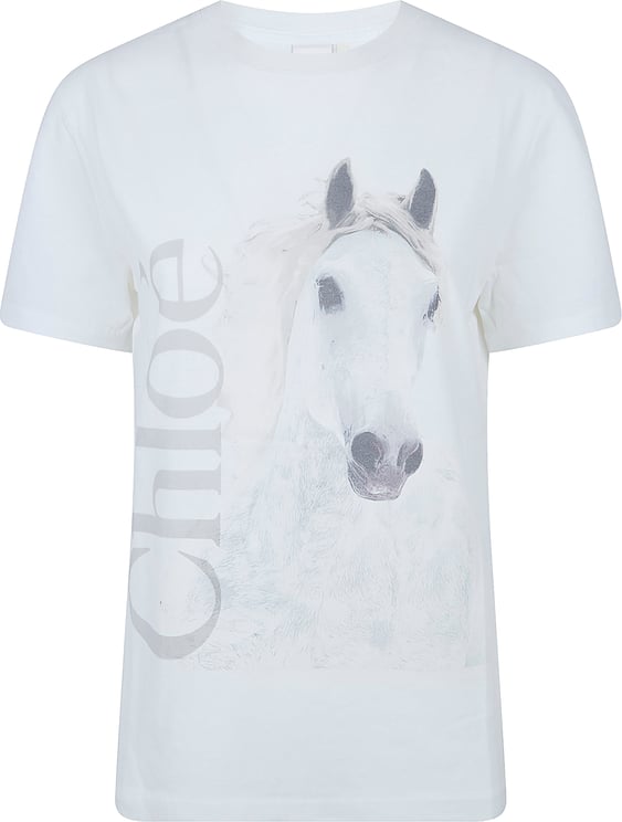 Chloé Organic Cotton Crew Neck T-Shirt with Faded Horse Print