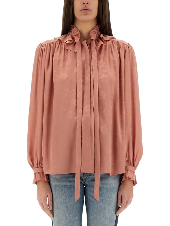 Chloé Fluid Silk Jacquard Blouse with Ruffled Neckline and Puffed Sleeves