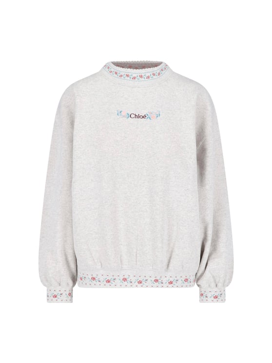 Chloé Light Grey Cotton Sweatshirt With Floral Embroidery