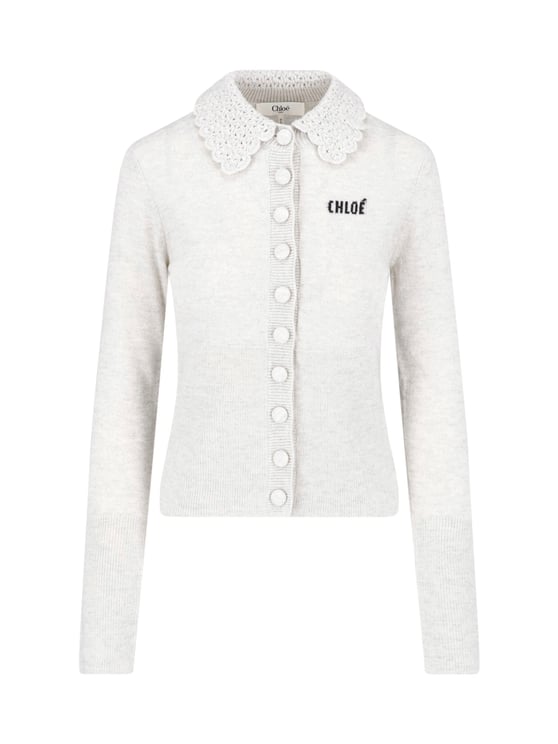 Chloé Grey Wool Cardigan With Crochet Collar And Button Closure