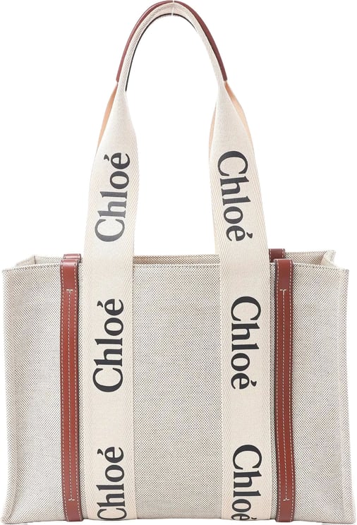 Chloé CHLOE Woody Medium Canvas x Leather Tote Shoulder bag in Beige x Brown