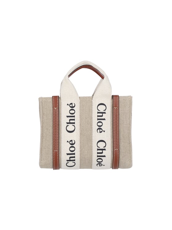 Chloé Beige Woody Mini Linen Tote Bag