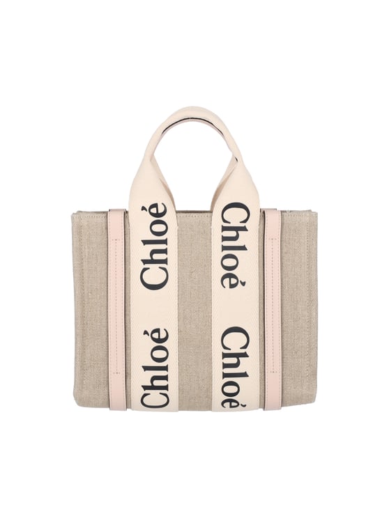 Chloé Beige Woody Lino Logo Tote Bag
