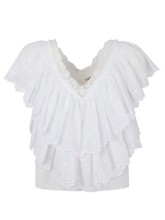 Chloé White Cotton Voile Ruffle Top