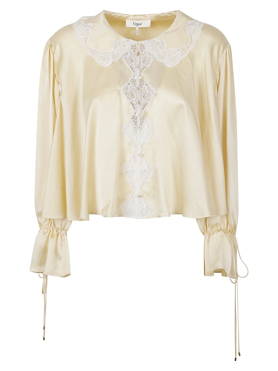 Chloé Wash Silk Satin Lace Trim Shirt