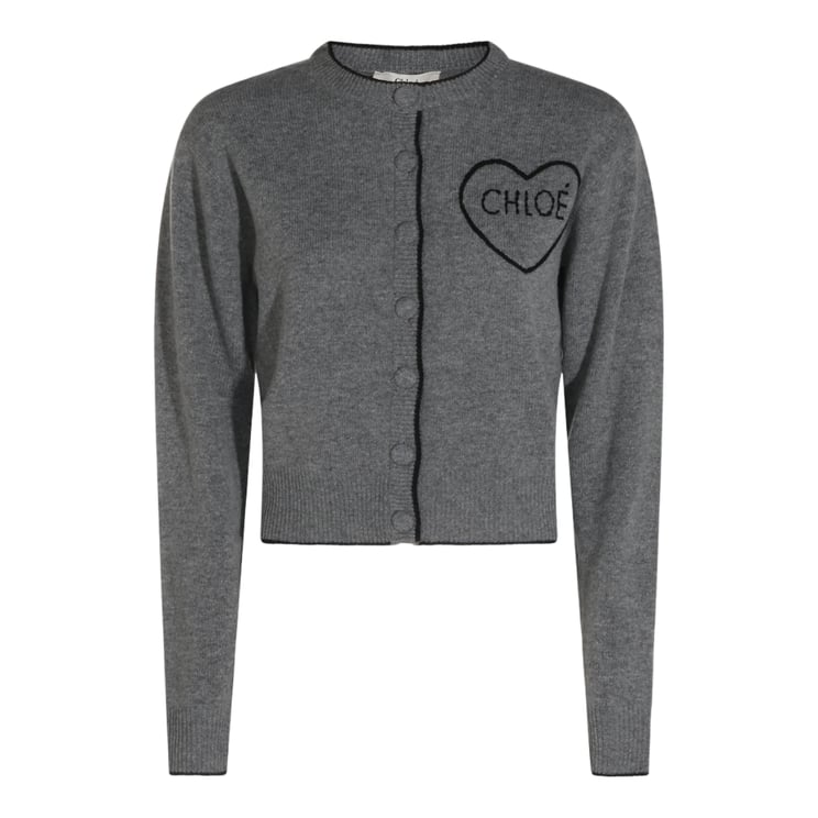 Chloé Cropped Long-Sleeved Sweater with Button-Down Front and Heart Patch