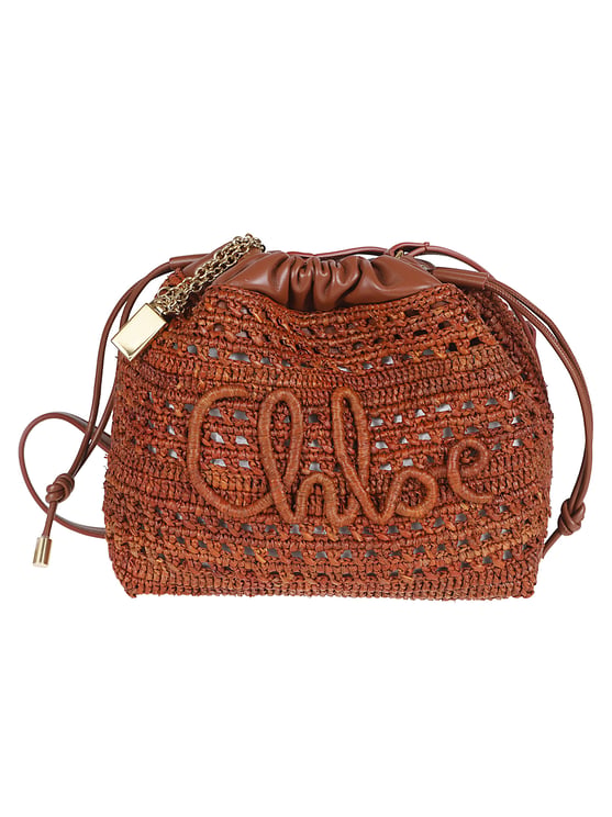 Chloé Mini Raffia Shoulder Bag with Lambskin Accents