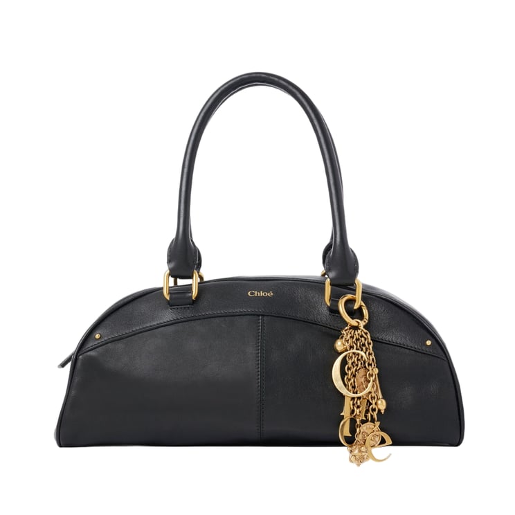 Chloé Curved Black Leather Handbag with Gold-Tone Detailing