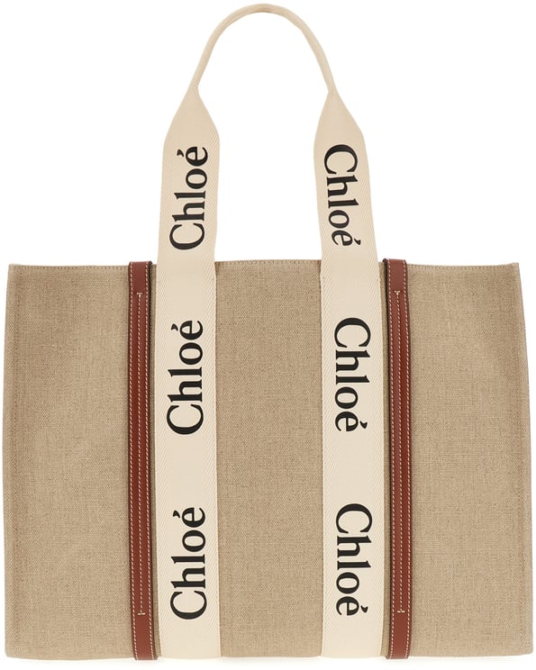 Chloé Chloe Cappuccino linen large Woody shopping bag