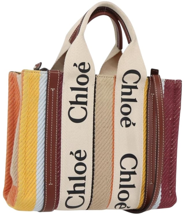Chloé Chloe Woody Tote Striped Canvas with Leather Medium