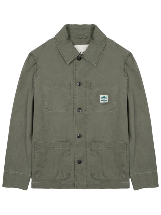 Closed Button-Up Green Cotton Sports Jacket with Structured Collar