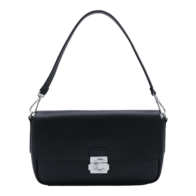 Coccinelle Rectangular Black Leather Shoulder Bag with Silver-tone Clasp