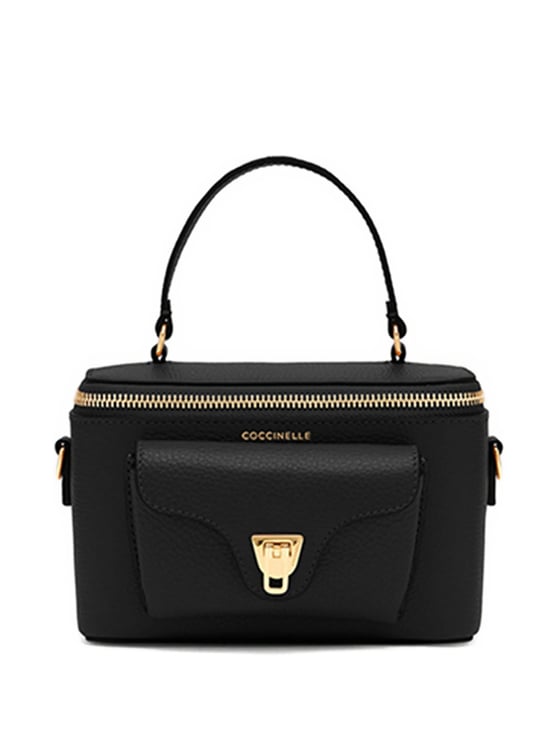Coccinelle Structured Black Leather Shoulder Bag with Gold Accents