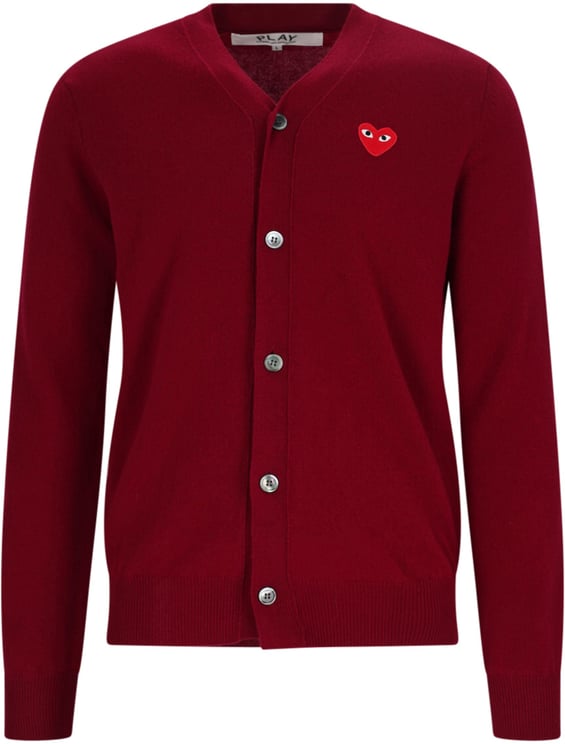 Comme des Garçons Burgundy V-Neck Iconic Heart Wool Cardigan