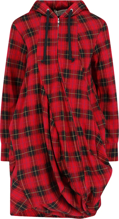 Comme des Garçons Red/Black Plaid Draped Hooded Dress