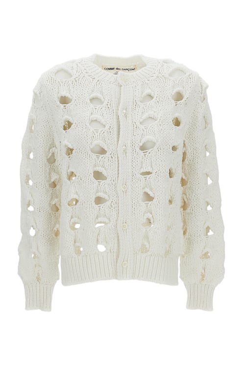 Comme des Garçons White Openwork Crew Neck Cropped Cardigan
