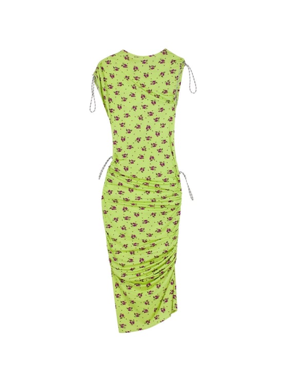 Coperni Green Floral Print Ruched Midi Dress