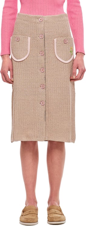 CORMIO Beige Knit Midi Skirt with Embroidered Flower Pockets