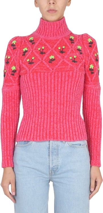 CORMIO Ribbed Knit Jersey With Floral Embroidery