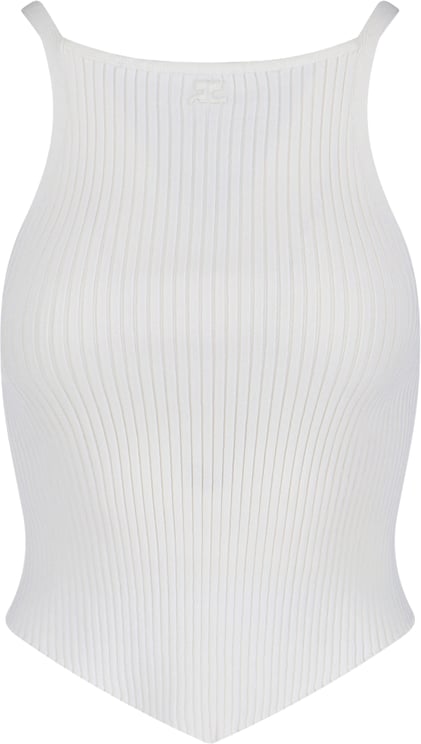 COURREGES Ribbed White Tank Top with Pointed Hem