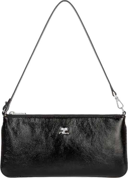 COURREGES Rectangular Black Handbag with Glossy Finish and Silver Emblem