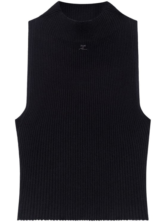 COURREGES Fitted Black Crop Top With Ribbed Texture