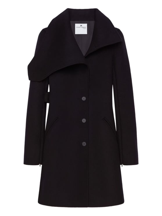 COURREGES Asymmetric Collar Tailored Black Coat With Concealed Buttons