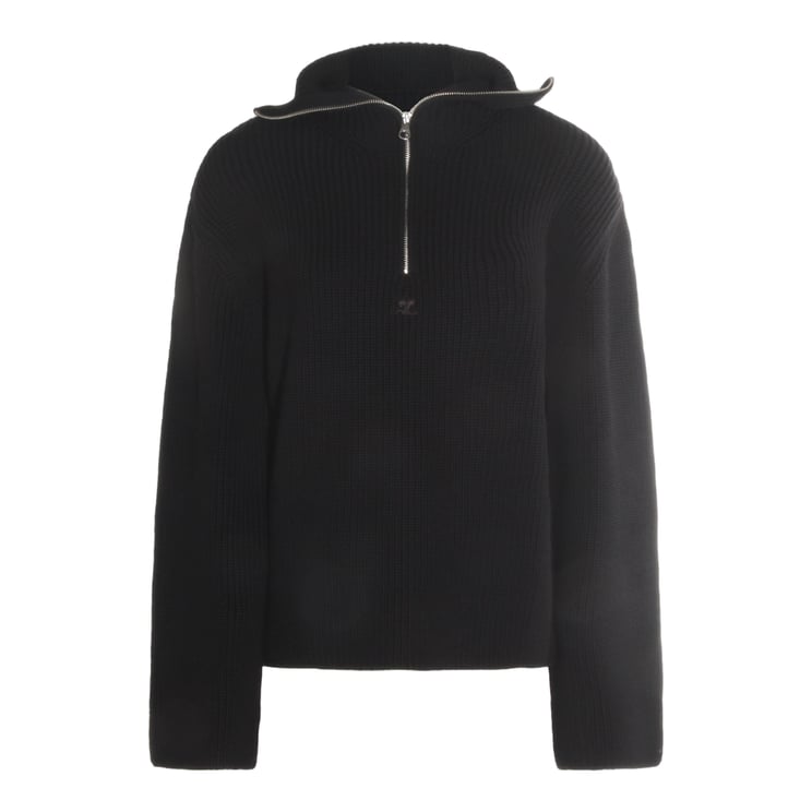 COURREGES Ribbed Black Knitted Sweater with Half-Zip Closure