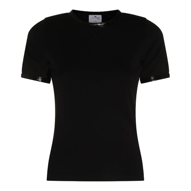 COURREGES Short-Sleeve Black T-Shirt With Glossy Trim Details