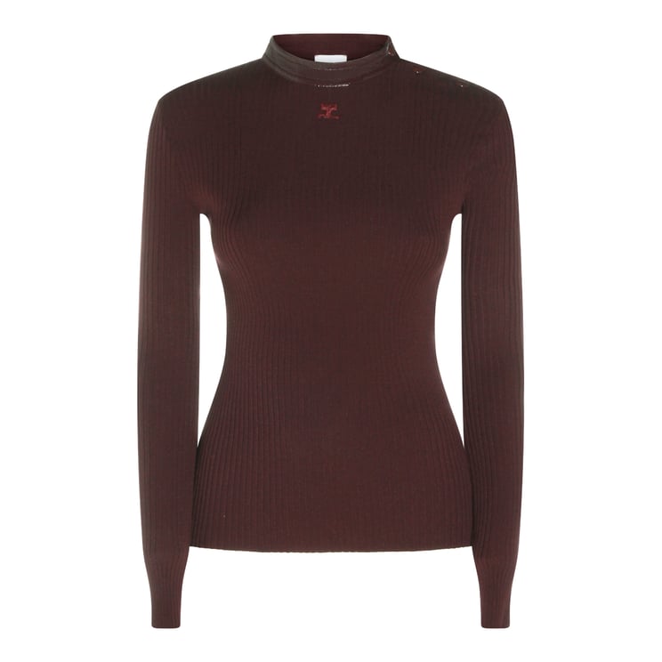 COURREGES Burgundy Fitted Knit Sweater With Ribbed Texture And Button Detail