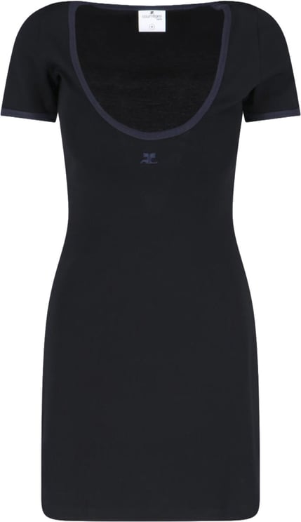 COURREGES Ribbed Black Mini Dress With Blue Accents