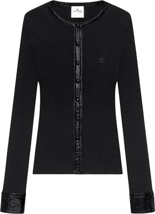 COURREGES CONTRASTED VINYL RIB KNIT CARDIGAN