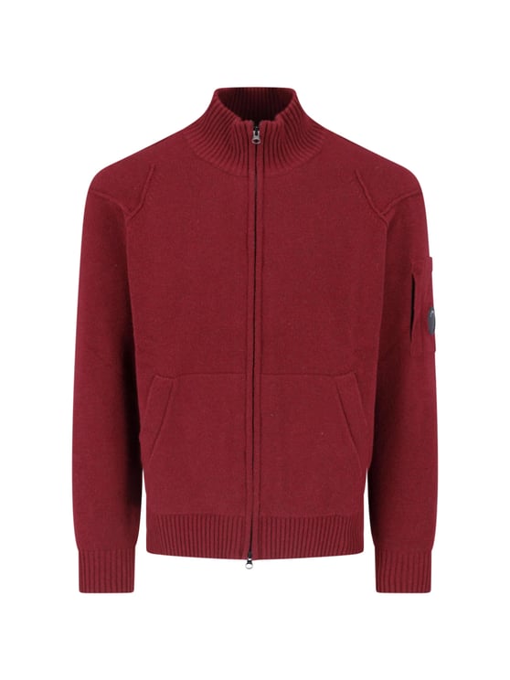 CP Company Burgundy Wool Blend Zip-Up Cardigan With Ribbed Collar