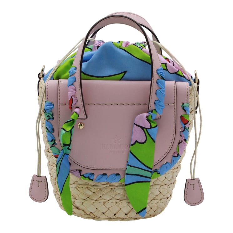 Cuba Lab Woven Straw Bucket Bag With Floral Handles