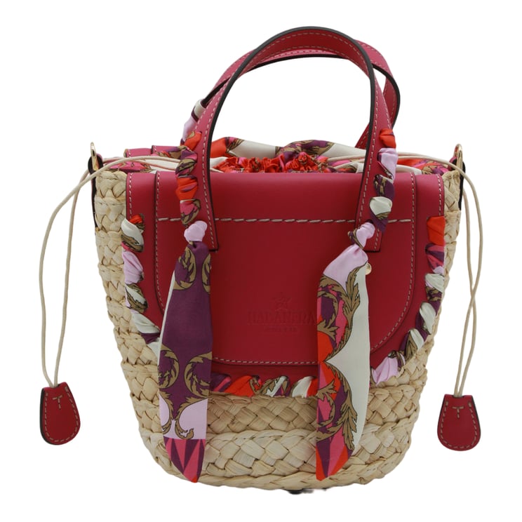 Cuba Lab Woven Straw Bucket Bag With Red Leather Accents