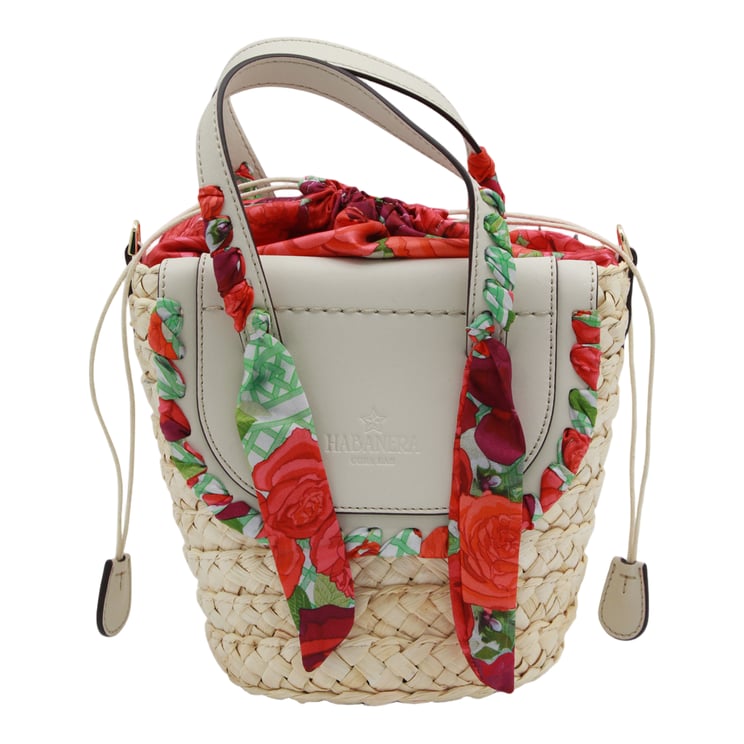 Cuba Lab Woven Straw Bag With Light Beige Leather Accents And Floral Fabric Embellishments